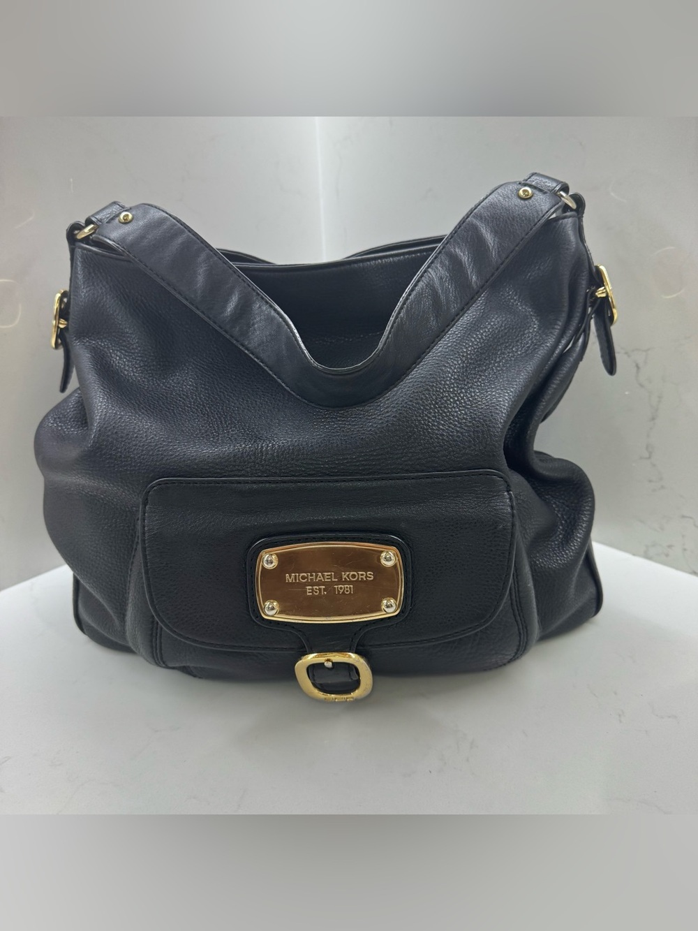 Michael Kors Est. 1981 Black Pebbled Leather Hobo Shoulder Bag Gold Hardware
